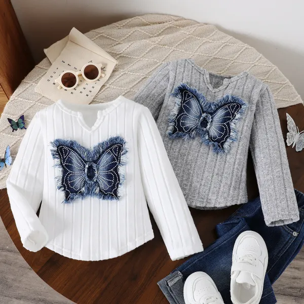 【3Y-7Y】2-piece Girls Sweet Fashion Butterfly Embroidery White And Gray T-shirt Set - Popopieshop.com 