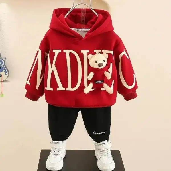 【18M-7Y】2-piece Boys Casual Letter Print Bear Hooded Sweatshirt And Sweatpants Set - Popopieshop.com 