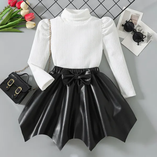 【3Y-7Y】2-piece Girls Stylish White Bubble Sleeve T-shirt And Black PU Skirt Set - Popopieshop.com 