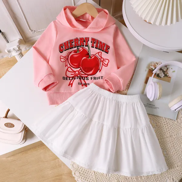 【3Y-7Y】2-piece Girls Cute Cherry And Letter Print Pink Hooded Sweatshirt And White Skirt Set - Popopieshop.com 