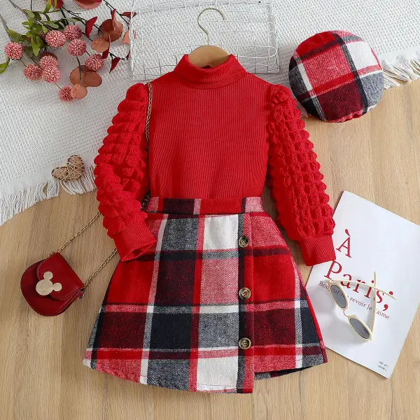 【3Y-7Y】3-piece Girls Stylish Red Bubble Sleeve T-shirt And Plaid Skirt Set With Hat - Popopieshop.com 