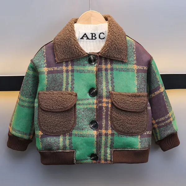 【18M-8Y】Boys Casual Fashion Padded Fleece Green Plaid Jacket - Popopieshop.com 