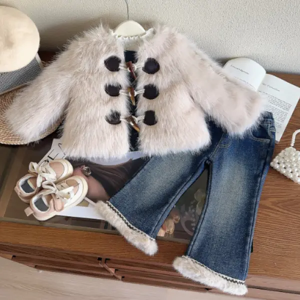 【18M-8Y】Girls Vintage Fashion Beige Faux Fur Jacket And Padded Blue Jeans - Popopieshop.com 