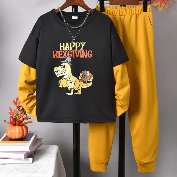 【7Y-14Y】2-piece Boys Casual Dinosaur And Letter Printed Fake Two Piece T-shirt And Sweatpants Set - Popopieshop.com 