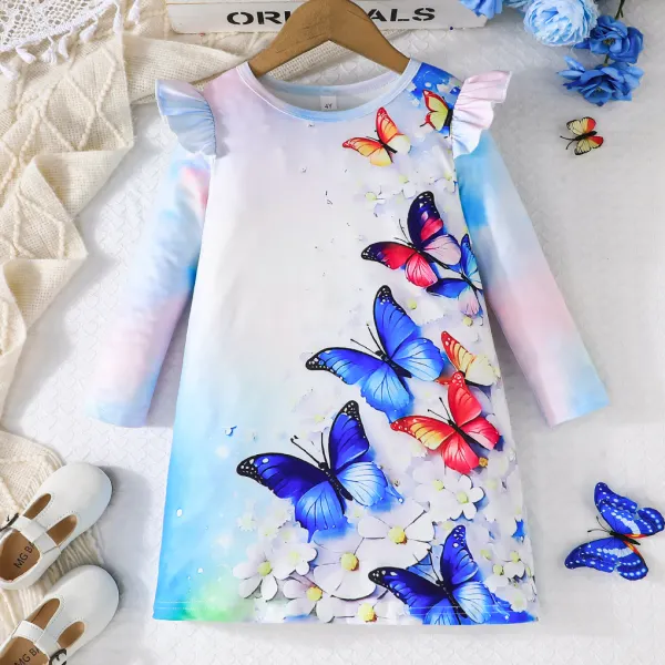 【3Y-7Y】Girls Sweetheart Butterfly Print Ruffle Sleeve Dress - Popopieshop.com 