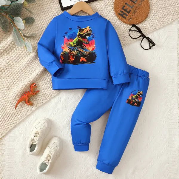 【18M-7Y】2-piece Boys Casual Dinosaur Car Print Crew Neck Sweatshirt And Pants Set - Popopieshop.com 