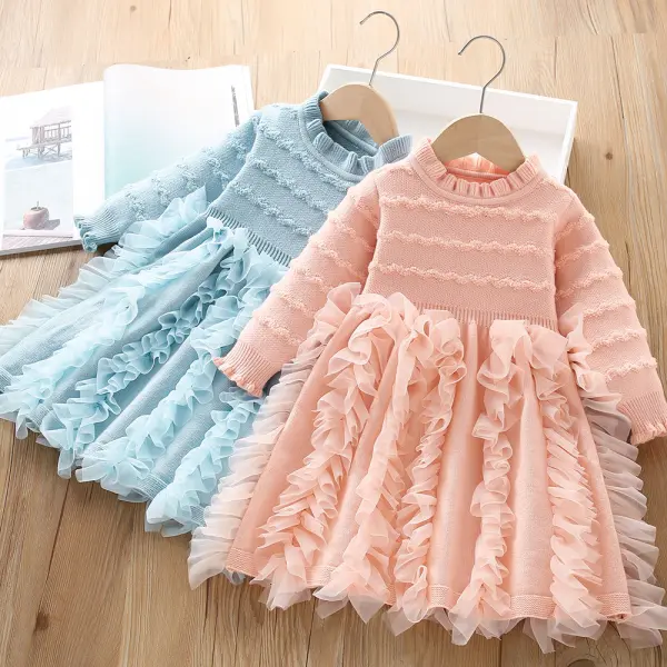 【18M-6Y】Girls Sweet Ruffle Petal Skirt Sweater Dress - Popopieshop.com 