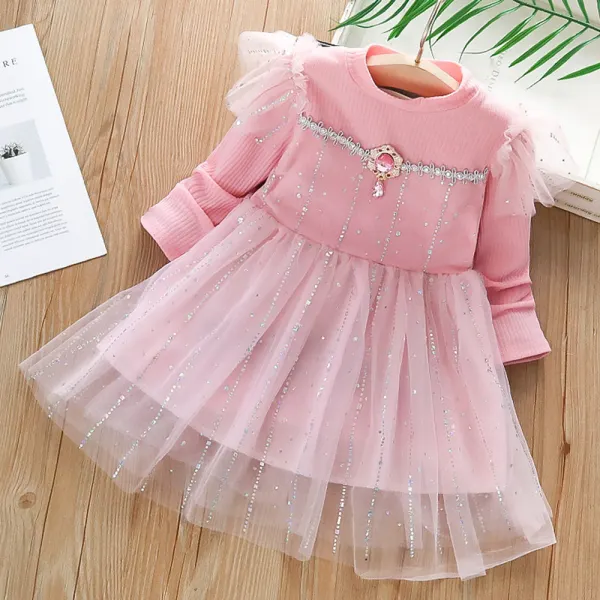 【18M-6Y】Girls Sweet Splicing Layered Tulle Long Sleeve Dress - Popopieshop.com 