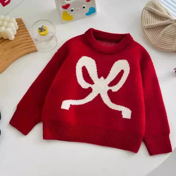 【18M-12Y】Girls Sweet Bowknot Jacquard Round Neck Sweater - Popopieshop.com 