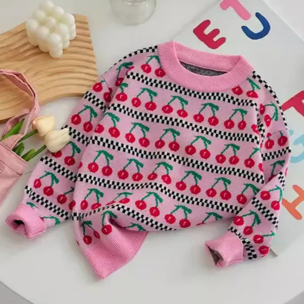 【18M-8Y】Girls Sweet Cherry Jacquard Round Neck Sweater - Popopieshop.com 