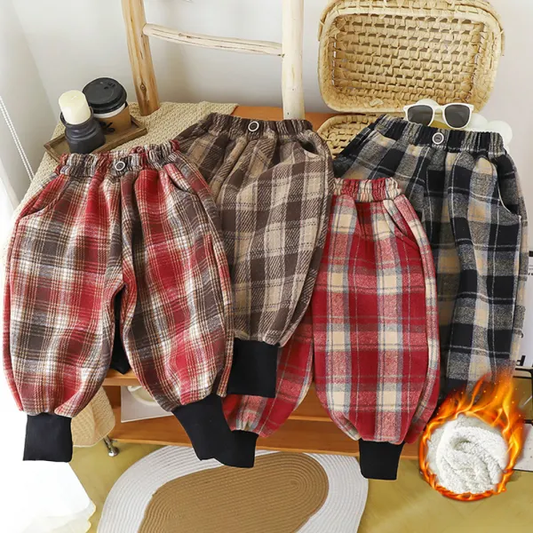 【12M-8Y】Unisex Retro Plaid Plush Fleece Keep Warm Pants - Popopieshop.com 