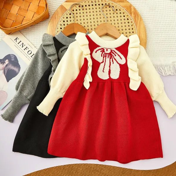 【18M-6Y】Girls Sweet Bowknot Jacquard Ruffle Long Sleeve Sweater Dress - Popopieshop.com 