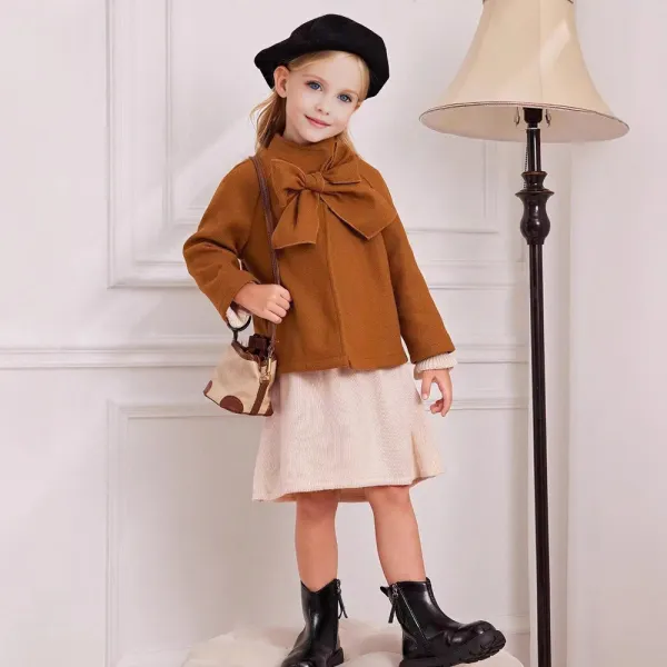 【3Y-7Y】2-piece Girls Fashion Long Sleeve Dress And Brown Tweed Bowknot Coat Set - Popopieshop.com 