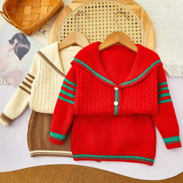 【18M-6Y】2-piece Girls Sweet Sailor Collar Long Sleeve Sweater And Skirt Set - Popopieshop.com 