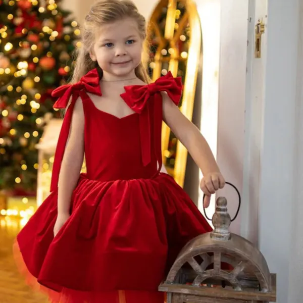 【6M-4Y】Girls Elegant Red Velvet Bowknot Puffy Mesh Sleeveless Princess Dress - Popopieshop.com 