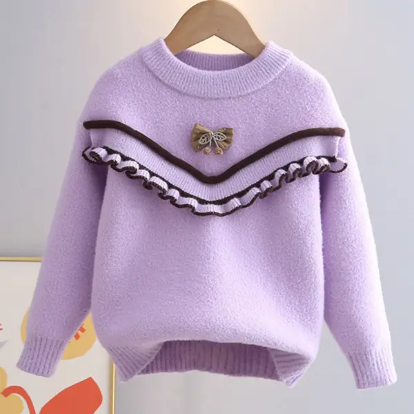 【3Y-10Y】Girls Bow Ruffle Round Neck Long Sleeve Sweater - Popopieshop.com 