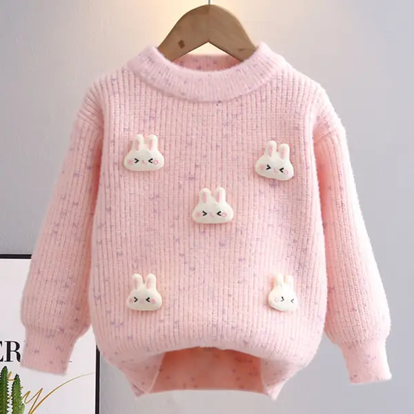 【3Y-10Y】Girls Bunny Applique Round Neck Long Sleeve Sweater - Popopieshop.com 
