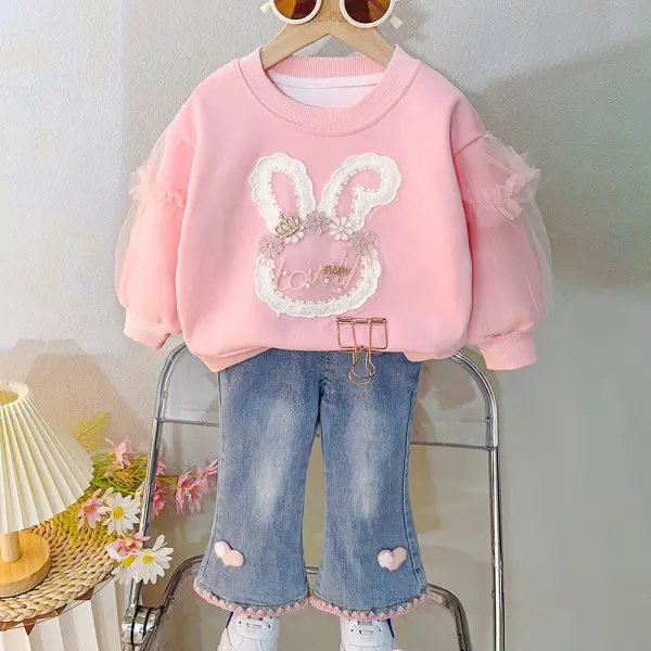 【9M-4Y】2-piece Girls Bunny Applique Long Sleeve Sweatshirt And Jeans Set - Popopieshop.com 