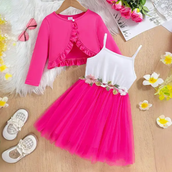 【3Y-10Y】2-piece Girls Applique Sling Dress And Long Sleeve Cardigan Set - Popopieshop.com 