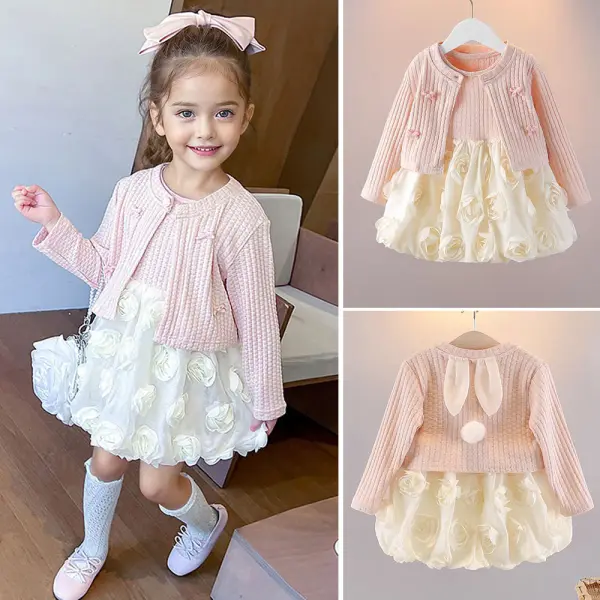 【9M-4Y】2-piece Girls Pink Jacquard Dress And Bunny Ears Cardigan Set - Popopieshop.com 