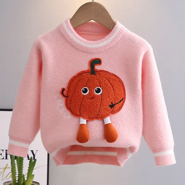 【18M-6Y】Girls Pumpkin Embroidery Round Neck Long Sleeve Sweater - Popopieshop.com 