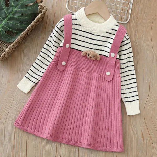 【18M-6Y】Girls Striped Dog Applique Long Sleeve Sweater Dress - Popopieshop.com 