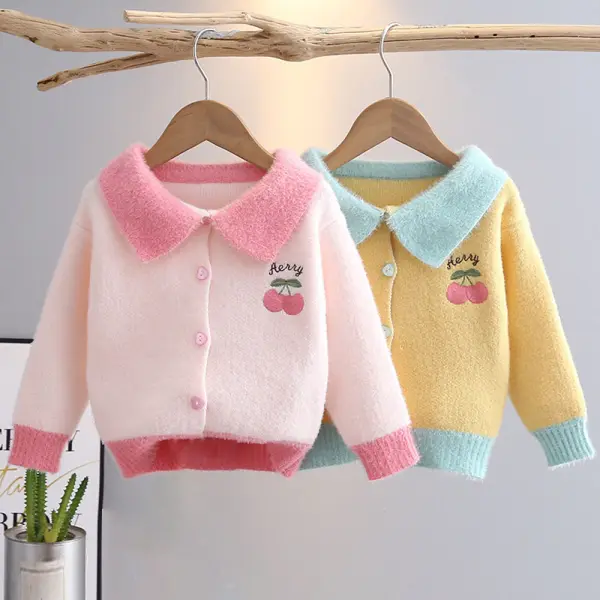 【18M-10Y】Girls Cherry Embroidery Lapel Long Sleeve Sweater Cardigan - Popopieshop.com 