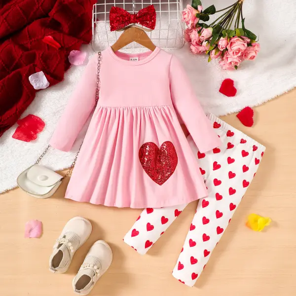 【6M-4Y】2-piece Girls Cute Sequin Heart Shape Embroidered Pink T-shirt And Leggings Set - Popopieshop.com 