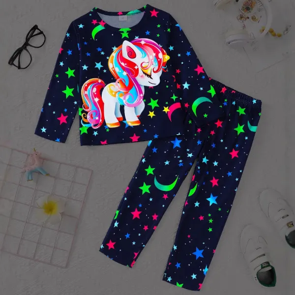 【3Y-7Y】2-piece Girls Cute Glow-in-the-Dark Unicorn And Star Print Loungewear Set - Popopieshop.com 