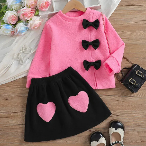 【3Y-7Y】2-piece Girls Sweet Fashion Bow Design Pink Fleece T-shirt And Heart Shape Embroidered Skirt Set - Popopieshop.com 