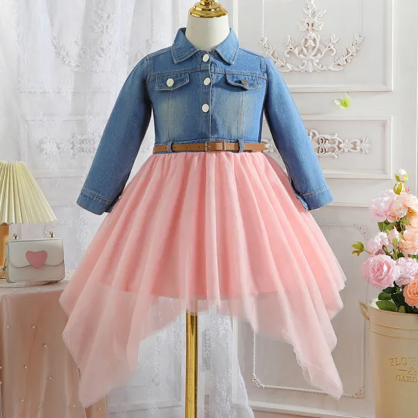 【3Y-8Y】Girls Fashion Denim And Mesh Spliced Long Sleeve Dress - Popopieshop.com 