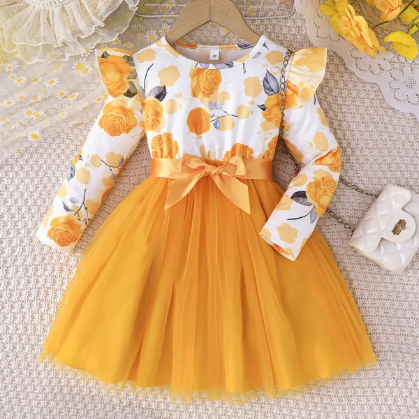 【2Y-7Y】Girls Sweetheart Yellow Floral Printed Mesh Patchwork Long Sleeve Dress - Popopieshop.com 