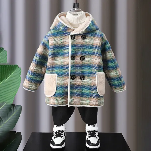 【18M-10Y】Boys Fashionable Padded Fleece Blue-Green Plaid Hooded Jacket - Popopieshop.com 