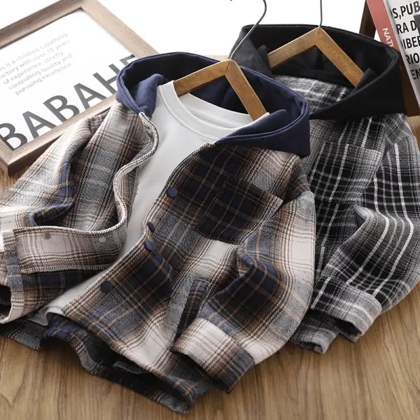 【3Y-15Y】Boys Casual Plaid Hooded Shirt - Popopieshop.com 