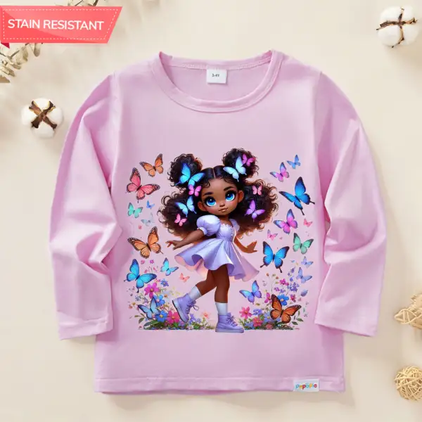 【12M-9Y】Girl Butterfly Girl Print Cotton Stain Resistant Long Sleeve T-shirt - Popopieshop.com 