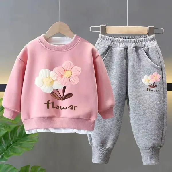 【2Y-12Y】2-piece Girls Sweet Fake Two-Piece Floral Print Round Neck Sweatshirt And Pants Set - Popopieshop.com 