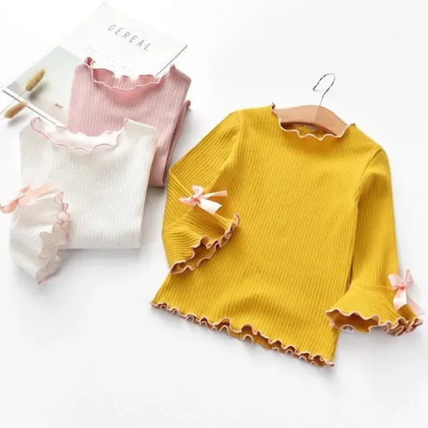 【18M-8Y】Girls Sweet Bowknot Flare Sleeve Round Neck T-shirt - Popopieshop.com 
