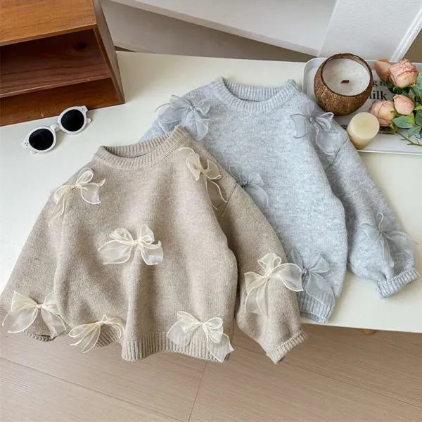 【18M-8Y】Girls Sweet Bowknot Keep Warm Round Neck Sweater - Popopieshop.com 