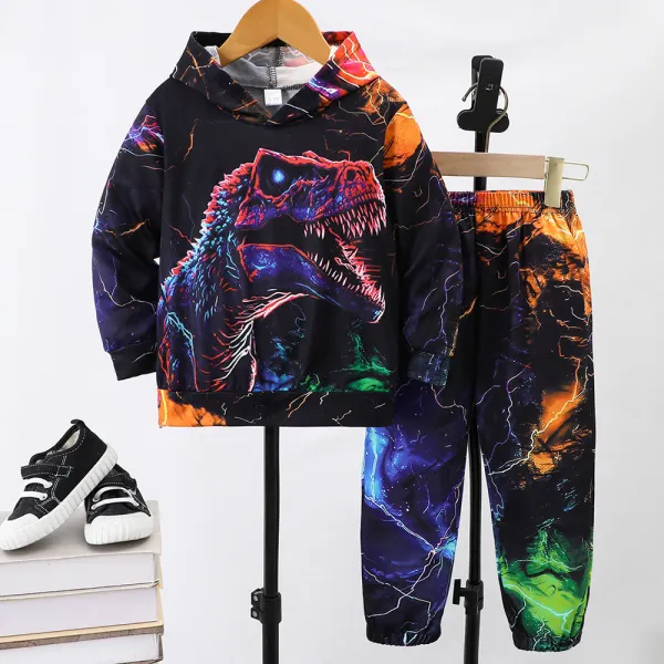 【3Y-7Y】2-piece Boys Casual Colorful Dinosaur Print Hooded Sweatshirt And Pants Set - Popopieshop.com 