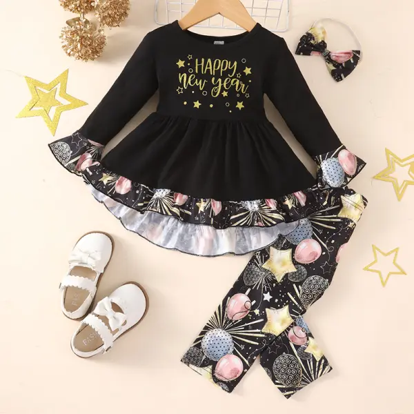 【12M-4Y】3-piece Girls Sweet Letter Printed Ruffled Long Sleeve T-shirt And Balloon Printed Leggings Set With Hairband - Popopieshop.com 