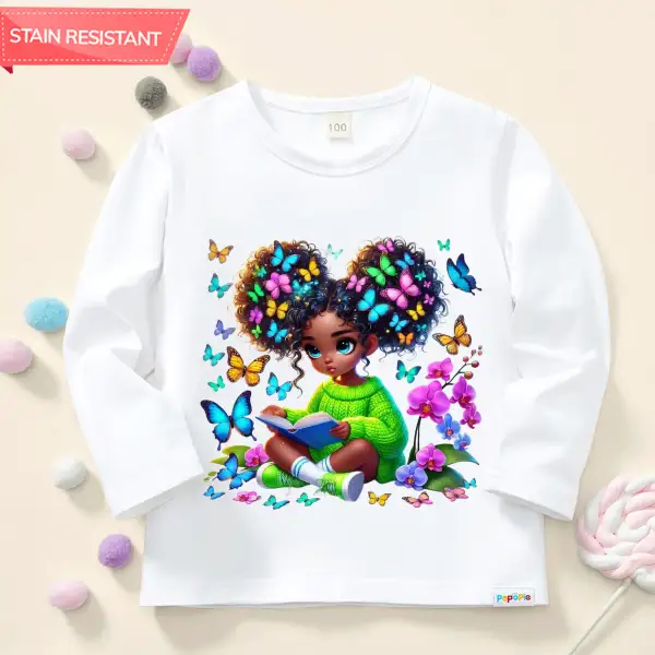 【12M-9Y】Girl Butterfly Girl Print Cotton Stain Resistant Long Sleeve T-shirt - Popopieshop.com 