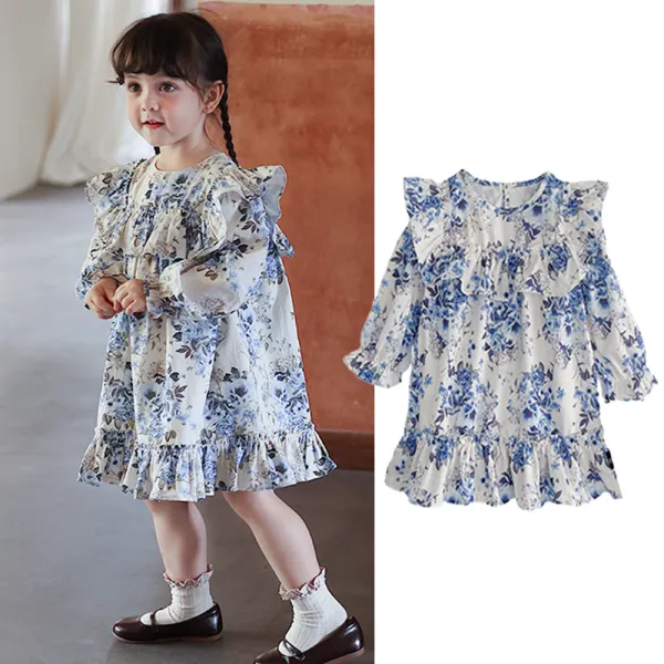 【18M-8Y】Girls Sweet Blue Floral Ruffle Long Sleeve Dress - Popopieshop.com 