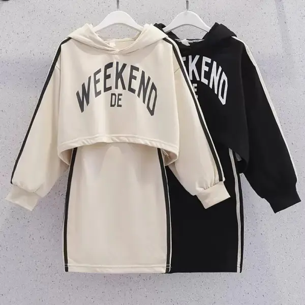 【4Y-10Y】2-piece Girls Casual Letter Print Hooded Sweatshirt And Sleeveless Dress Set - Popopieshop.com 