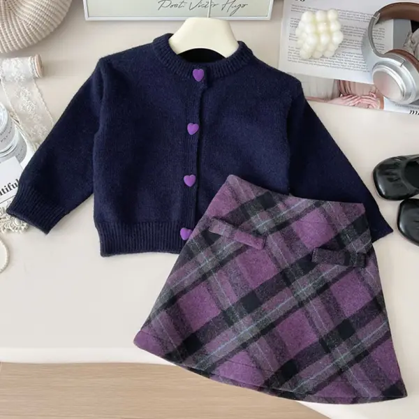 【18M-8Y】2-piece Girls Purple Sweater Cardigan And Tweed Plaid Skirt Set - Popopieshop.com 