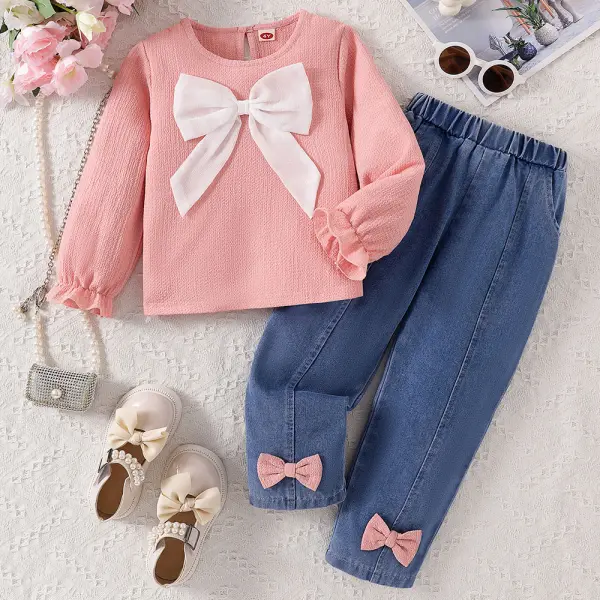 【2Y-7Y】2-piece Girls Pink Bow Long Sleeve Shirt And Jeans Set - Popopieshop.com 