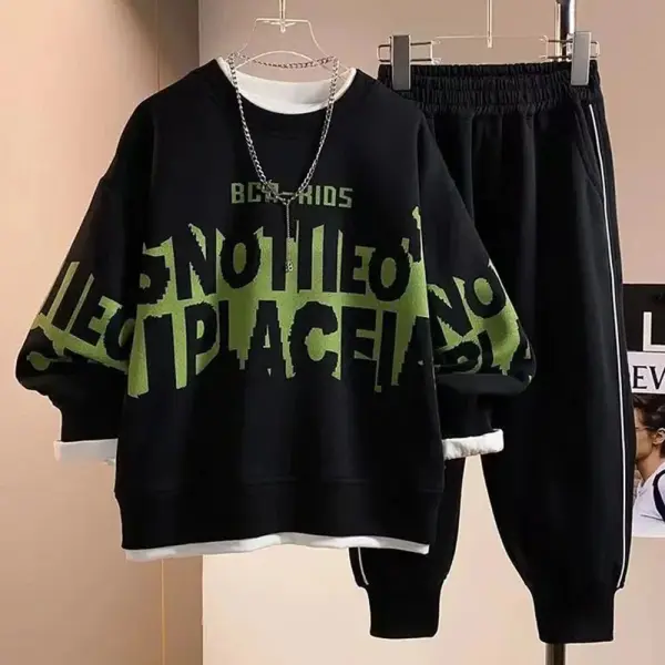 【5Y-14Y】2-piece Boys Letter Print Long Sleeve Sweatshirt And Pants Set - Popopieshop.com 