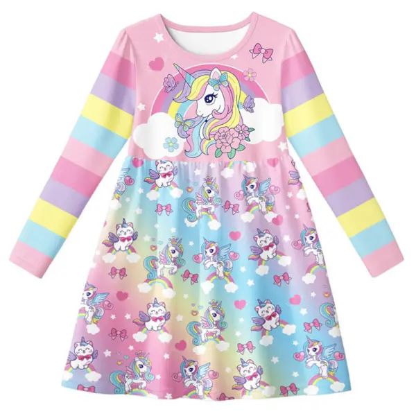 【3Y-10Y】Girls Unicorn Print Long Sleeve Dress - Popopieshop.com 