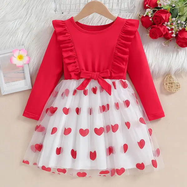【1Y-8Y】Girls Red Heart Print Mesh Long Sleeve Dress - Popopieshop.com 
