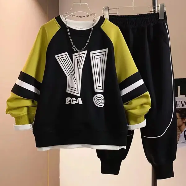 【5Y-14Y】2-piece Boys Letter Print Long Sleeve Sweatshirt And Pants Set - Popopieshop.com 