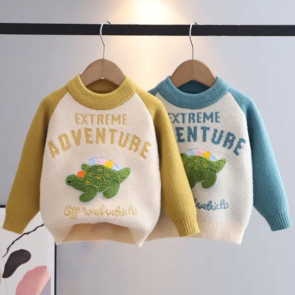 【18M-6Y】Boys Dinosaur Embroidered Round Neck Long Sleeve Sweatshirt - Popopieshop.com 